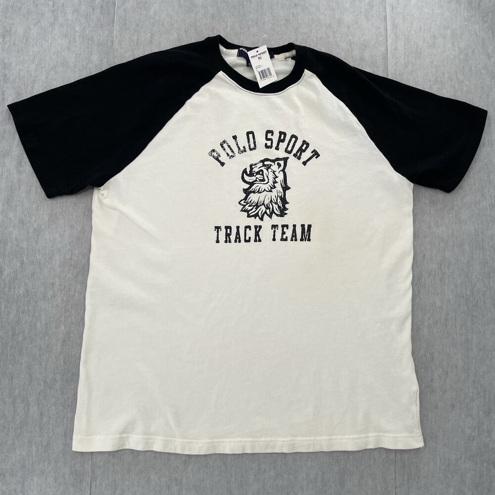 Polo Sport Track Team Shirt Adult Large White Black Crew Neck Short Sleeve Mens